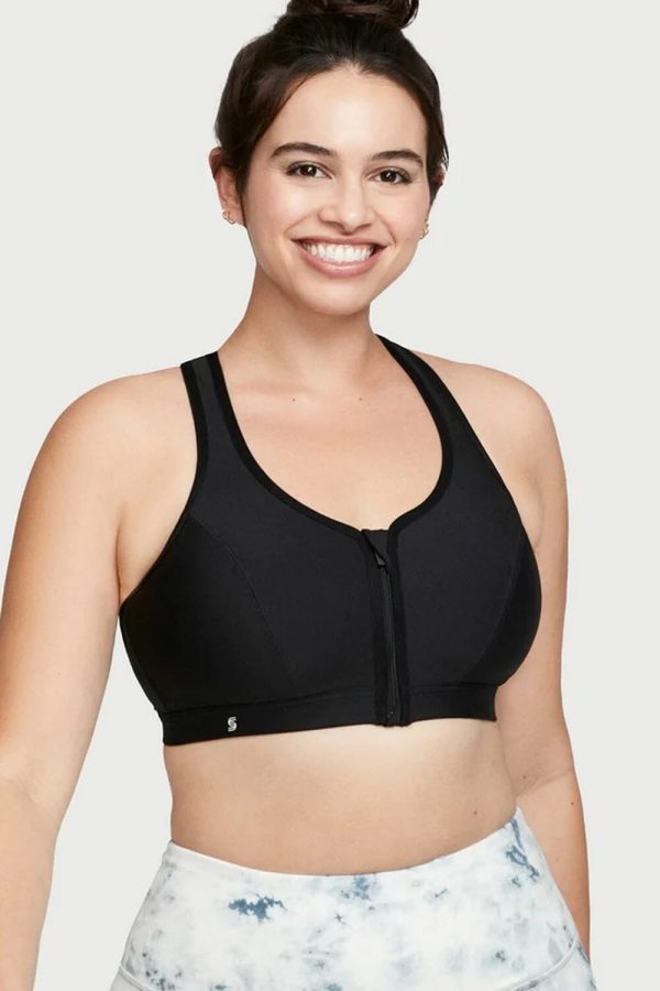 Glamorise Sport Zip Up Front-Closure Sports Bra, Black, Front View