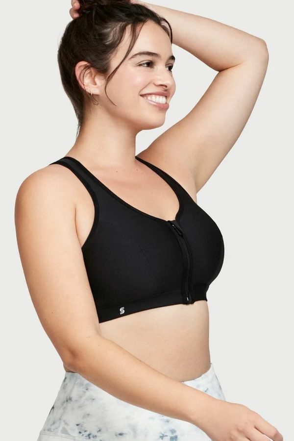 Glamorise Sport Zip Up Front-Closure Sports Bra, Black, Side View