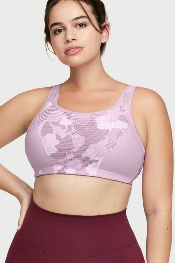 Glamorise Sport Custom Control Adjustable Sports Bra, Pink Camo Print, Front View