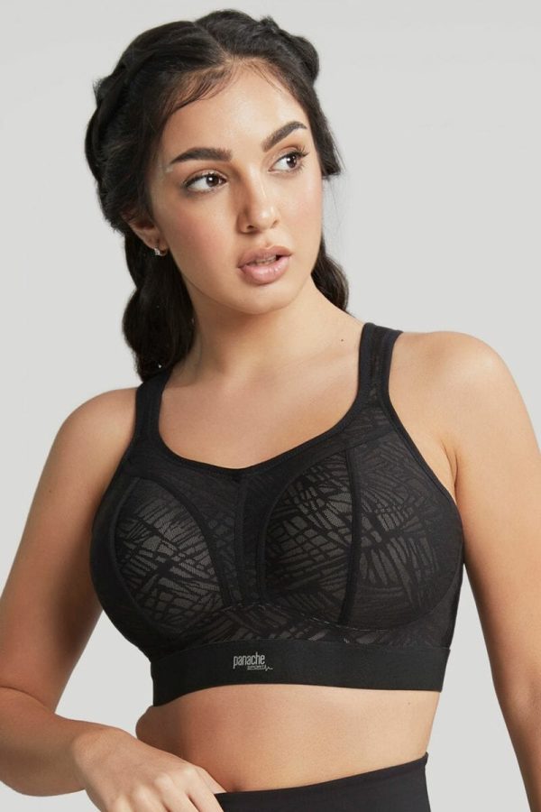 Panache Sport Wirefree Mesh Sports Bra, Black-Latte, Front View