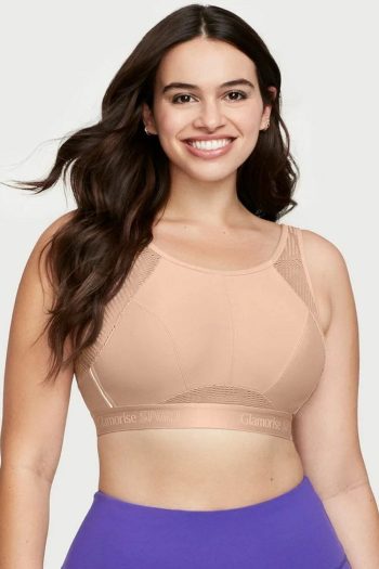 Glamorise Sport No-Sweat Mesh Sports Bra, Cafe, Front View