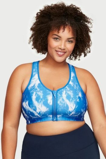 Glamorise Sport Zip Up Front-Closure Sports Bra, Blue Tie-Dye, Front View