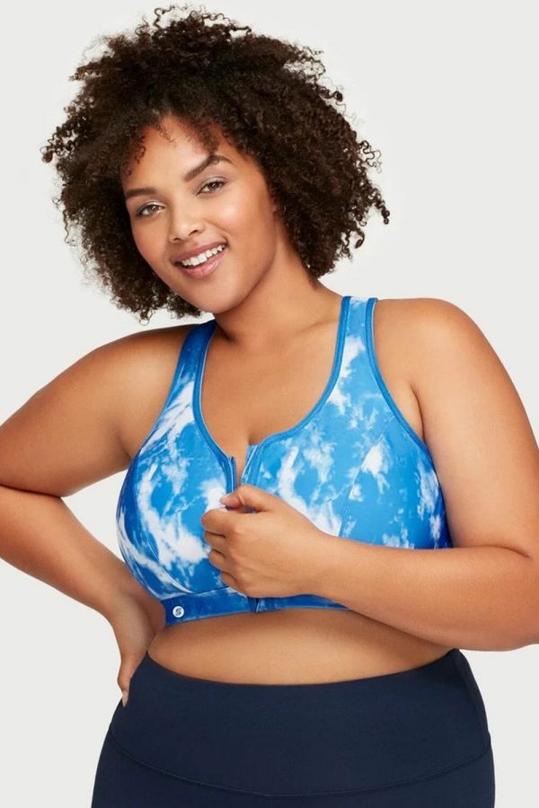 Glamorise Sport Zip Up Front-Closure Sports Bra, Blue Tie-Dye, Zip View