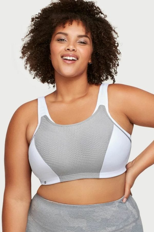 Glamorise Sport Custom Control Adjustable Sports Bra, White-Grey, Front View