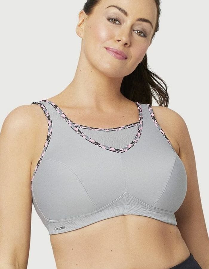 Woman wearing a Grey sports bra