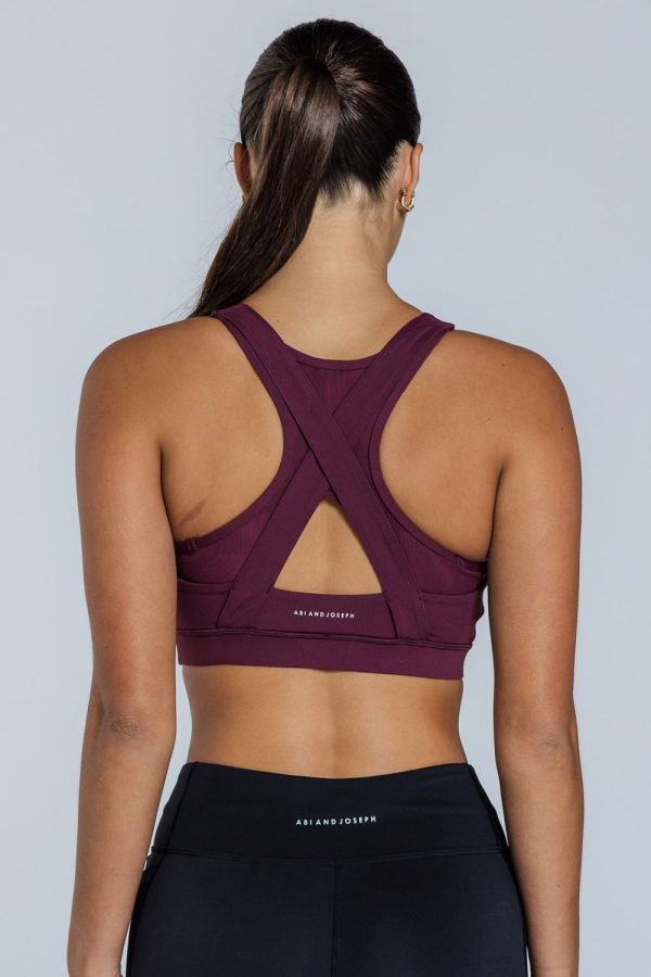 Abi and Joseph Leo Hi-Tech Sports Bra, Midnight Plum, Back View