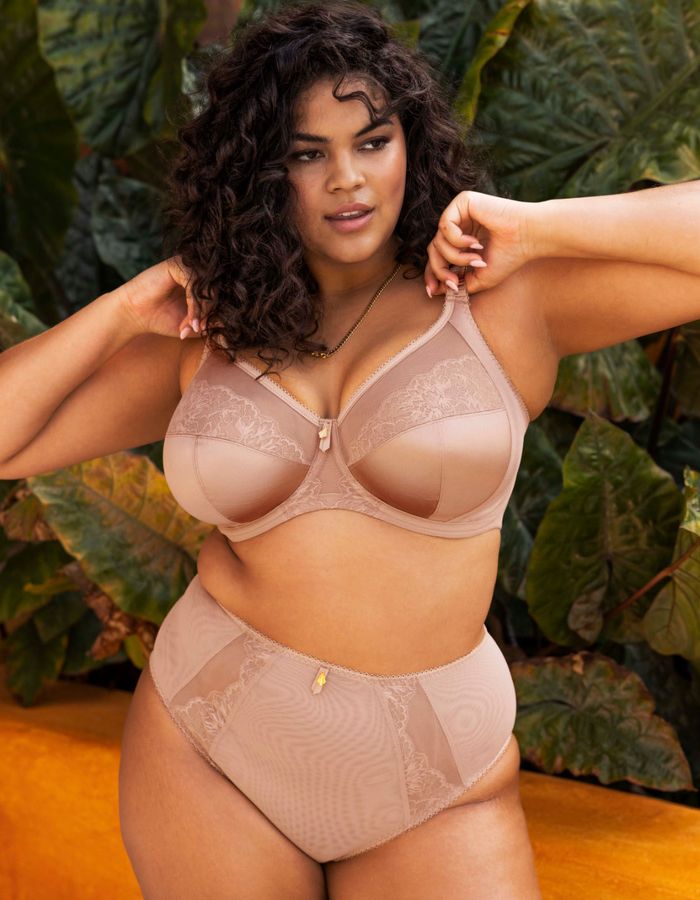 Woman wearing skin covered underwear.