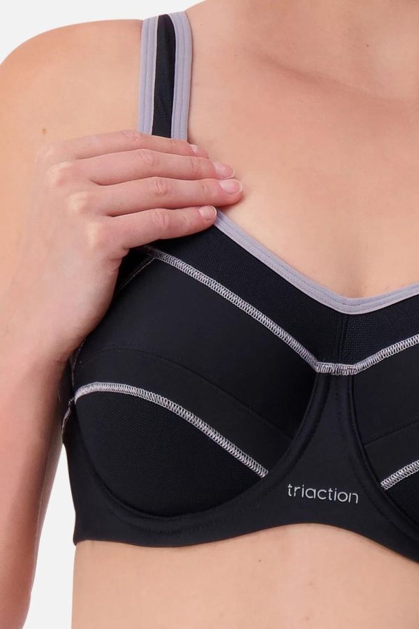 Triumph Triaction Performance Sports Bra, Black-Silver, Close Up View