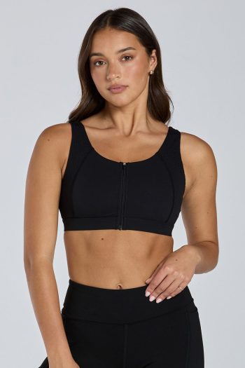 Abi and Joseph Run Swim Active Zip Front Crop, Black, Front View