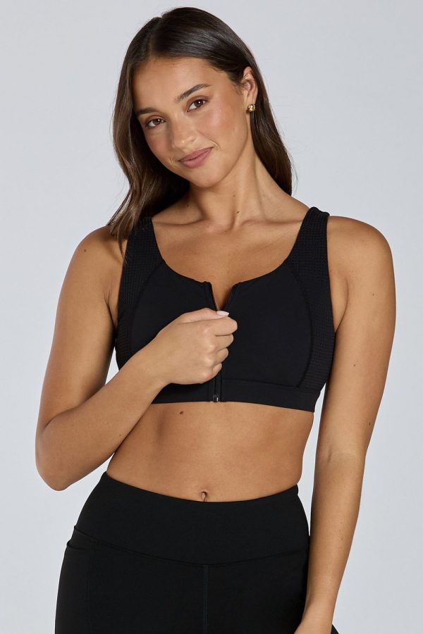 Abi and Joseph Run Swim Active Zip Front Crop, Black, Front Zip View