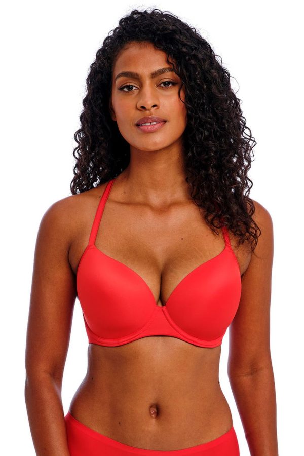 Freya Undetected Moulded T-Shirt Bra, Chilli Red, Crossed Front View